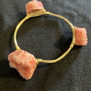 Gold Wire Bangle Bracelet with Pink/Coral Raw Crystal Druzy Clusters